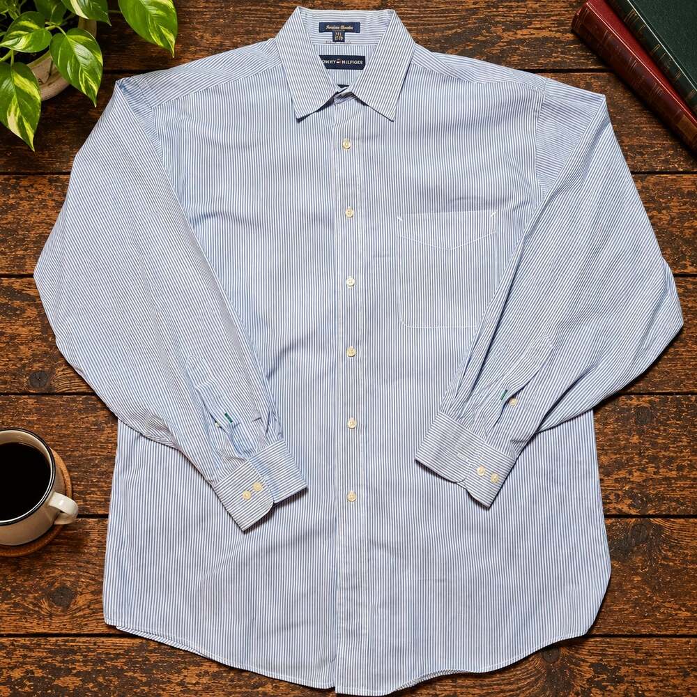 Tommy Hilfiger Dress Shirt Mens 15.5 32/33 Blue White Stripe Cotton Button Up